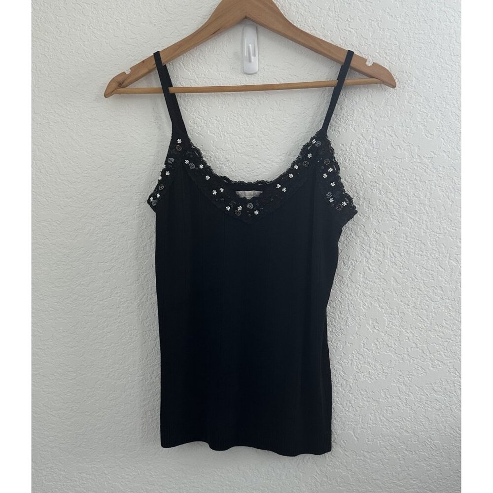 Yuka Tank Top Womens T2/S/M? Black Beaded Sequin Lace Trim Cami Y2K Festival